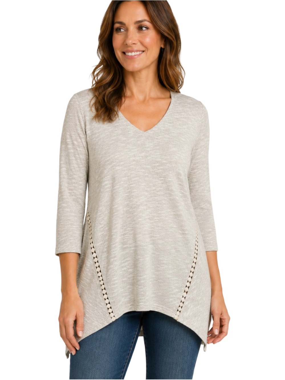 J. Jill Natural Beige Cream V-neck 3/4 Sleeve Crochet Accent Tunic Sweater Small